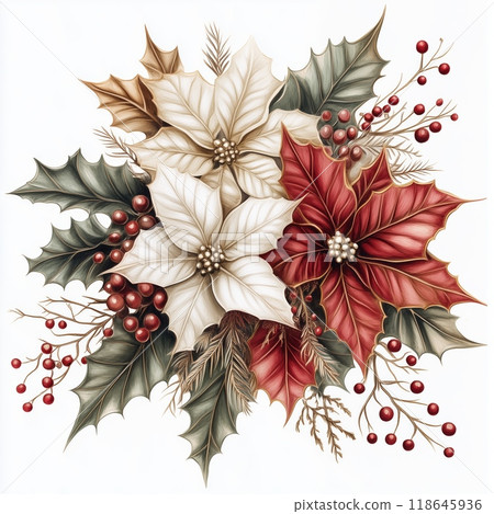 Colorful poinsettia and holly arrangement celebrating the festive season in a decorative style Colorful poinsettia and holly arrangement celebrating the festive season in a decorative style 118645936