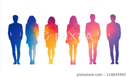 A group of six diverse silhouettes stands in a row against a clean white backdrop 118645945