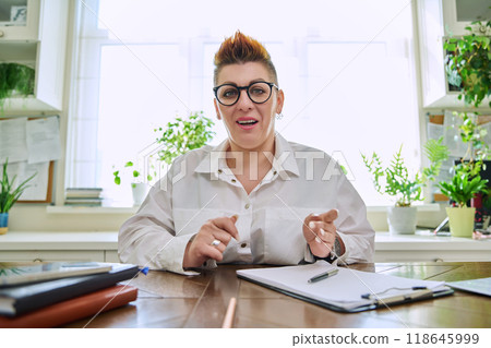 Webcam view of talking middle-aged business woman Webcam view of talking middle-aged business woman 118645999