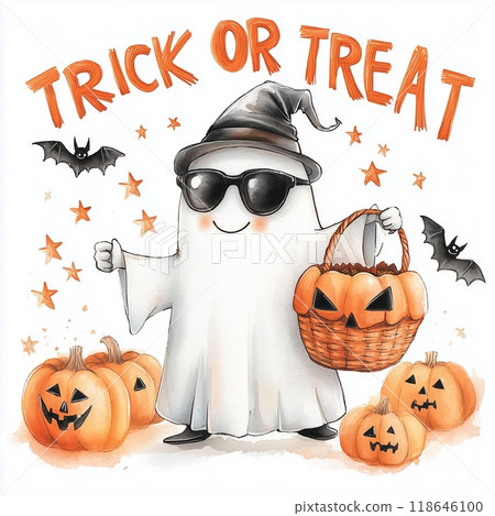 A cheerful ghost in sunglasses enjoys Halloween with pumpkins and bats at dusk 118646100