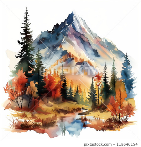 Autumn landscape with vibrant trees and mountains reflected in a serene lake during golden hour 118646154
