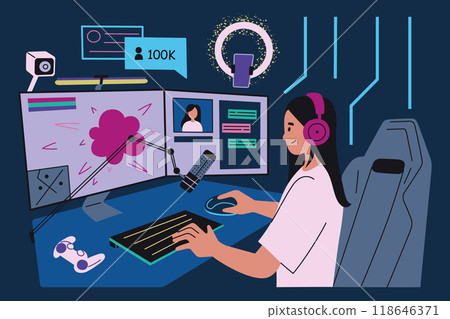 Vector illustration of female streamer at gaming desk with multiple screens, microphone, headphones, gaming setup. Video game interface in flat cartoon style, perfect for gaming, online streaming 118646371