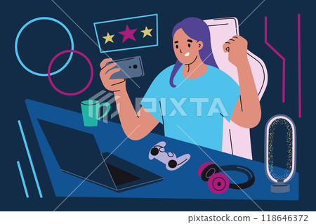 Vector illustration of female gamer sitting at desk with laptop, playing game on phone, and celebrating win. Flat cartoon style, gaming accessories, headphones, game controller, and a modern desk lamp Vector illustration of female gamer sitting at desk with laptop, playing game on phone, and celebrating win. Flat cartoon style, gaming accessories, headphones, game controller, and a modern desk lamp 118646372