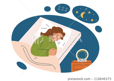 Vector illustration of woman peacefully sleeping in bed, cozy bedroom with nightstand, modern alarm with night lamp. Comfortable pillow, blanket and bedding. Night scene with stars and moon 118646373