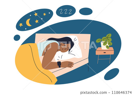 Vector illustration of woman wearing smart watch, peacefully sleeping in bed in cozy bedroom with home plant. Comfortable pillow, blanket and bedding. Health and sleep tracking scene. Rest, relaxation 118646374