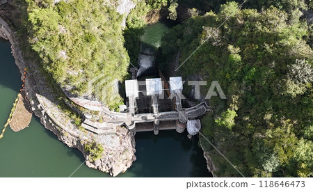 Hiroshima Prefecture Jinseki District_Taishaku Gorge [Taishaku River Dam] Drone aerial photography_TSGD_No12 118646473