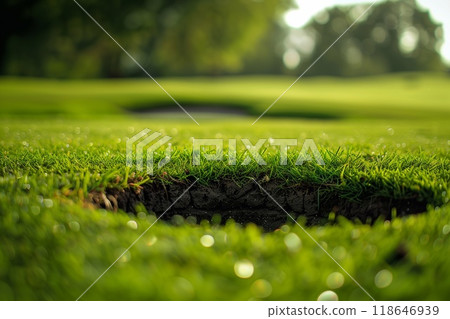 A freshly cut golf course features a close up of the hole, surrounded by vibrant green grass illuminated by soft morning light 118646939