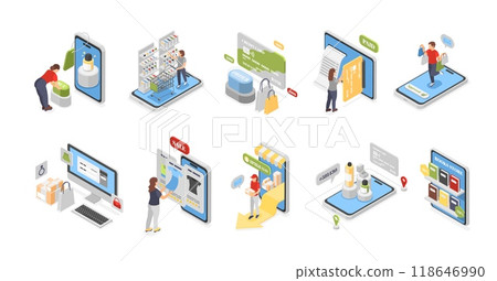 Isometric online shopping. People buy goods in mobile application, digital marketplace. E-commerce, modern payment and delivery, flawless vector scenes 118646990