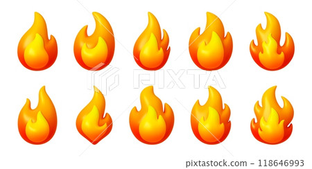 Cartoon 3d fire. Fires symbols, plastic style render elements. Orange red flames, gas energy power logos. Isolated hot emblems, pithy vector collection 118646993