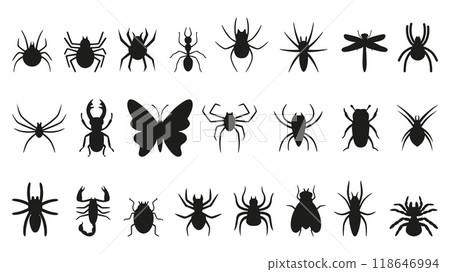 Black insects icons. Different insect silhouettes, buds spiders butterfly dragonfly scorpion tarantula. Nature elements, seasonal neoteric vector characters Black insects icons. Different insect silhouettes, buds spiders butterfly dragonfly scorpion tarantula. Nature elements, seasonal neoteric vector characters 118646994