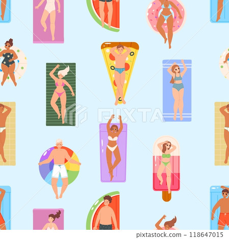 People swimming on rubber mattresses. Beach pool party characters. Travellers, seasonal vacation teens. Young adults in swimsuits, vector background People swimming on rubber mattresses. Beach pool party characters. Travellers, seasonal vacation teens. Young adults in swimsuits, vector background 118647015