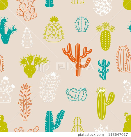 Doodle color cactus seamless pattern. Desert plants, hand drawn cacti vibrant elements. Succulents for house garden. Fabric print, vector web background Doodle color cactus seamless pattern. Desert plants, hand drawn cacti vibrant elements. Succulents for house garden. Fabric print, vector web background 118647017