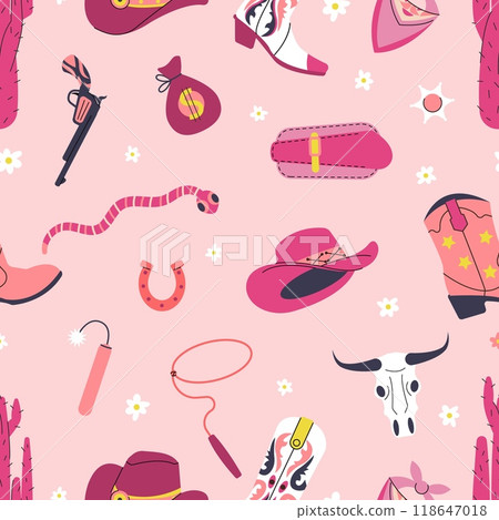 Cowgirl wild west elements seamless pattern. Pink female cowboy boots and hats, cactus gun, sheriff star. Vibrant print design, vector background 118647018