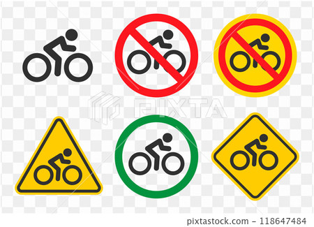 Biker icons symbol set. No Bike, bicycle prohibition sign logo. Cyclist Bike road. Vector illustration image. Biker icons symbol set. No Bike, bicycle prohibition sign logo. Cyclist Bike road. Vector illustration image. 118647484