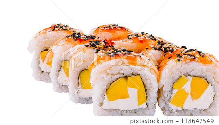 Sushi rolls with mango and cream cheese being isolated on white background 118647549