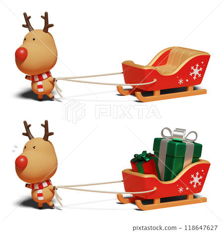 Rudolph pulling a sleigh with two facial expressions 3D graphics 118647627