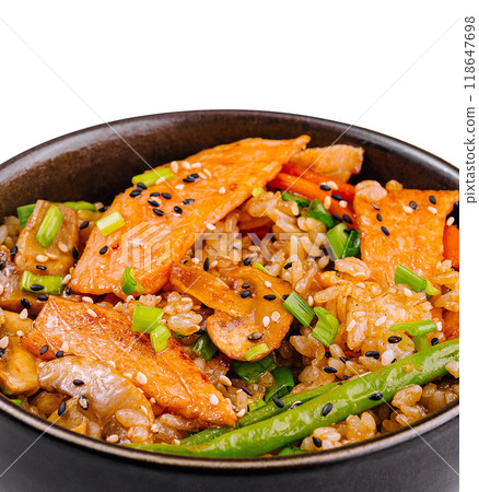 Savory teriyaki chicken bowl with vegetables and rice 118647698