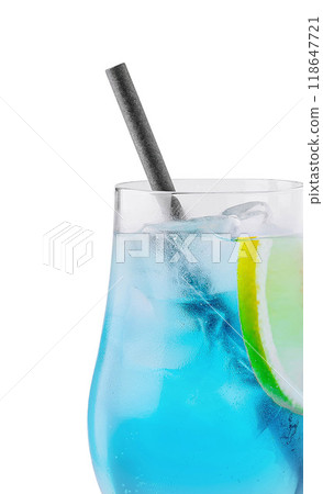 Blue cocktail with a straw and a lime slice refreshing on a white background Blue cocktail with a straw and a lime slice refreshing on a white background 118647721