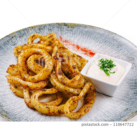 Fried squid rings served with white sauce on elegant restaurant plate Fried squid rings served with white sauce on elegant restaurant plate 118647722