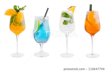 Four refreshing cocktails standing isolated on white background 118647749
