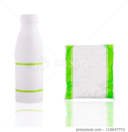 White plastic bottle and vacuum sealed bag with cottage cheese on white background White plastic bottle and vacuum sealed bag with cottage cheese on white background 118647753