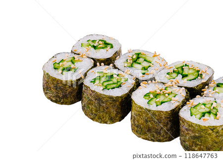 Kappa maki sushi rolls with cucumber and sesame seeds on white background 118647763
