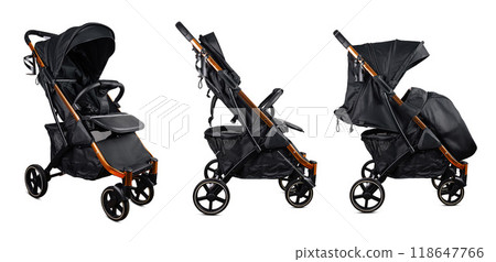 Modern black and copper baby stroller folding on white background 118647766