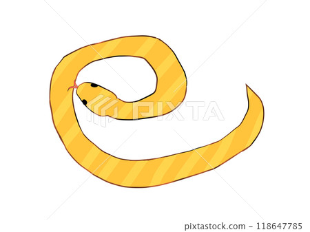 A pen drawing of a yellow snake in the shape of the kanji character for snake, suitable for New Year's cards A pen drawing of a yellow snake in the shape of the kanji character for snake, suitable for New Year's cards 118647785
