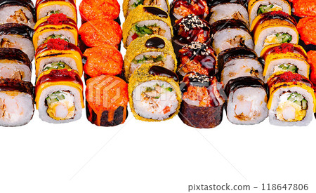 Sushi set presenting variety of japanese food with rice and fish Sushi set presenting variety of japanese food with rice and fish 118647806
