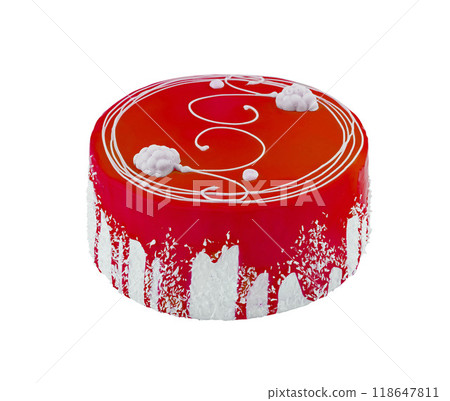 Red cake with white chocolate flakes decorated with glaze standing on white background 118647811