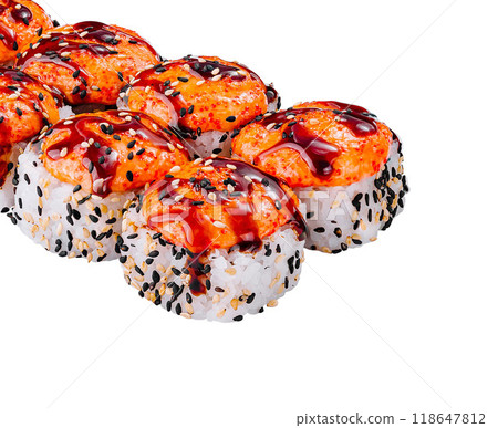 Sushi rolls topped with spicy sauce and sesame seeds on white background Sushi rolls topped with spicy sauce and sesame seeds on white background 118647812