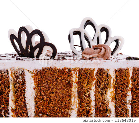 Delicious chocolate cake slice decorated with chocolate cream flowers Delicious chocolate cake slice decorated with chocolate cream flowers 118648019