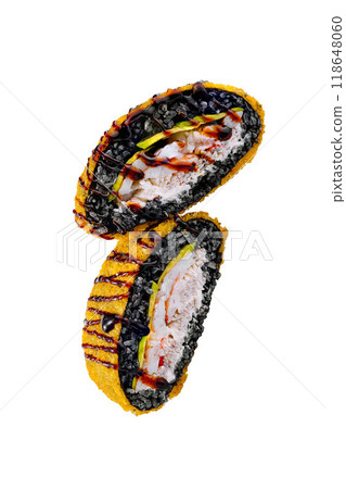 Two delicious hot sushi rolls with black rice and cream cheese on white background 118648060