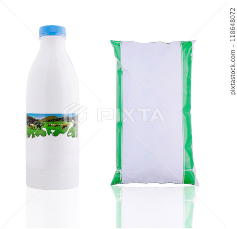 Milk bottle and blank bag packaging mockup on white background 118648072