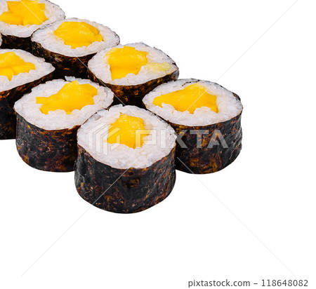Sushi rolls with mango and cream cheese standing in a row on white background 118648082