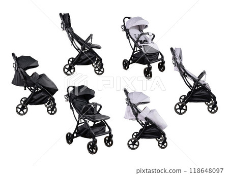 Baby stroller isolated on white background showing different positions 118648097