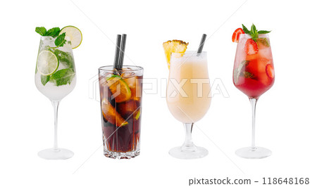 Four refreshing cocktails standing on white background Four refreshing cocktails standing on white background 118648168