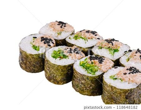 Delicious sushi rolls with sauce and sesame seeds on white background Delicious sushi rolls with sauce and sesame seeds on white background 118648182