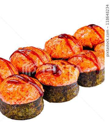 Spicy sushi rolls with salmon and sauce standing in a row on white background 118648234