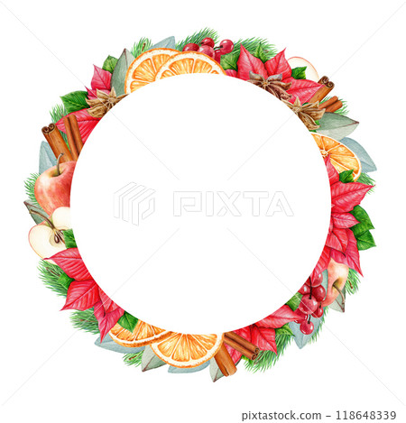 Winter season floral round decorative frame. Vintage style watercolor illustration. Bright Christmas traditional decor from pine twig, eucalyptus, poinsettia flower, orange slices, cinnamon isolated Winter season floral round decorative frame. Vintage style watercolor illustration. Bright Christmas traditional decor from pine twig, eucalyptus, poinsettia flower, orange slices, cinnamon isolated 118648339