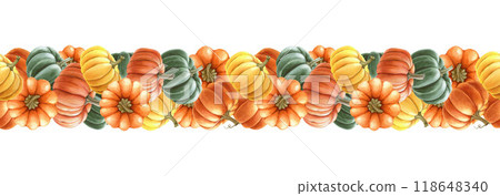 Autumn pumpkins watercolor seamless border decor. Painted illustration. Ripe orange, green, yellow pumpkins seamless border decoration element. Farm organic autumn vegetables. White background Autumn pumpkins watercolor seamless border decor. Painted illustration. Ripe orange, green, yellow pumpkins seamless border decoration element. Farm organic autumn vegetables. White background 118648340