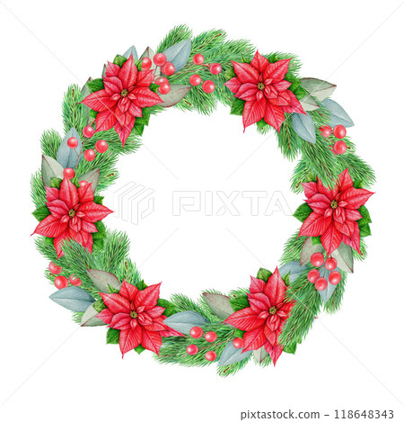 Christmas wreath traditional decor in traditional colors. Vintage style watercolor illustration. Winter season bright round decoration from pine twig, poinsettia flower, red berries. White background 118648343