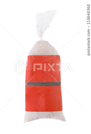 Frozen minced meat loaf in a plastic bag with a red label for your brand Frozen minced meat loaf in a plastic bag with a red label for your brand 118648368