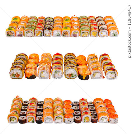 Large set of various kinds of sushi rolls presenting japanese cuisine Large set of various kinds of sushi rolls presenting japanese cuisine 118648417