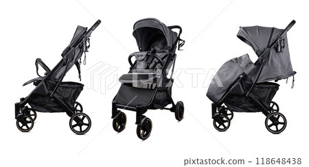 Modern baby stroller isolated on white background presenting different options Modern baby stroller isolated on white background presenting different options 118648438