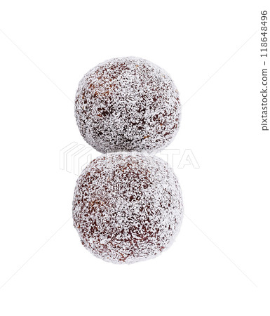 Two chocolate and coconut protein balls forming number eight Two chocolate and coconut protein balls forming number eight 118648496