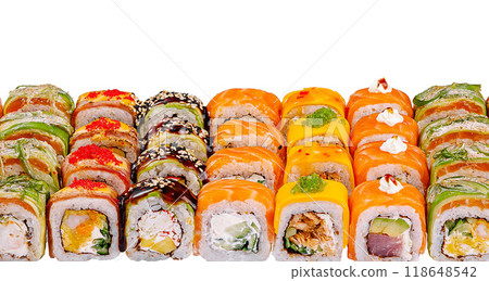 Sushi set forming a colorful mosaic on white background Sushi set forming a colorful mosaic on white background 118648542