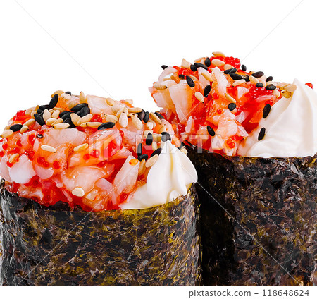 Two gunkan maki sushi rolls with tobiko caviar, sesame and spicy mayo sauce Two gunkan maki sushi rolls with tobiko caviar, sesame and spicy mayo sauce 118648624