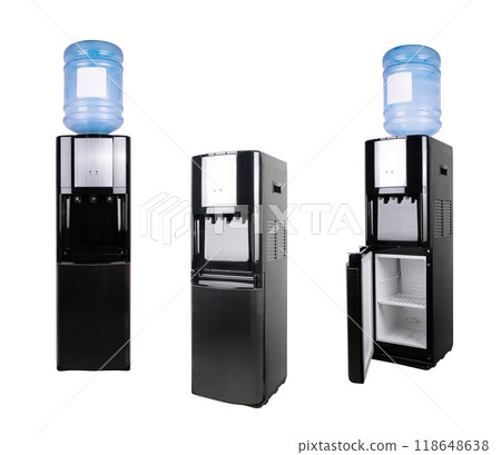 Modern black water cooler dispenser with refrigerator and big bottle on top Modern black water cooler dispenser with refrigerator and big bottle on top 118648638