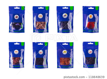 Eight blue packages containing various dried fruits and nuts isolated on white background Eight blue packages containing various dried fruits and nuts isolated on white background 118648639